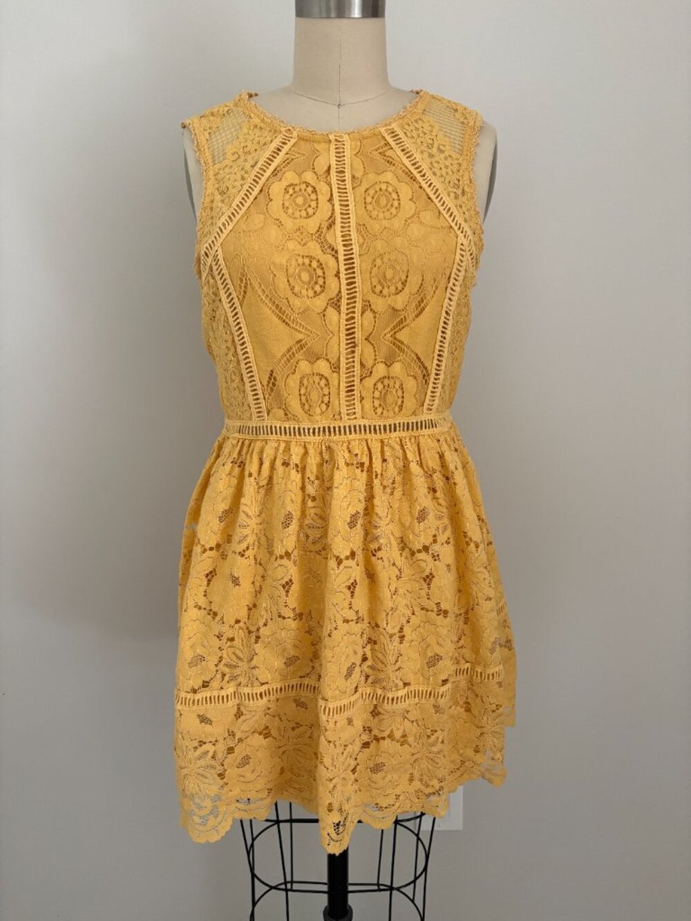 Xhilaration Mustard Yellow Lace Fit Flare Dress Boho Summer Mini Cottagecore M - Picture 9 of 11